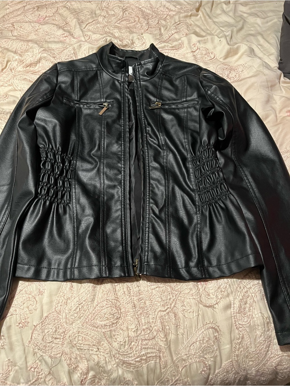 Women's Black Faux Leather Zip-Up Jacket with Smocked Sides